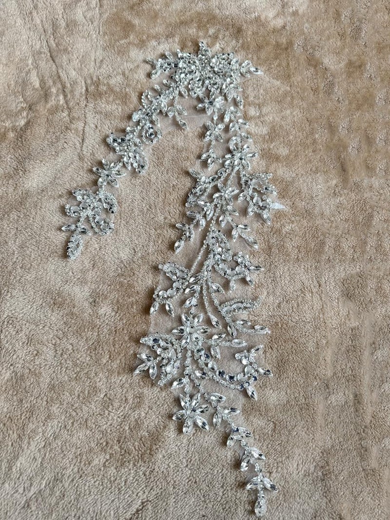 PLune Handmade Shining Acrylic Rhinestones on lace Applique Sewing Beads Stones Trim Patches Accessories for Wedding Dress (Silver) - Image 2